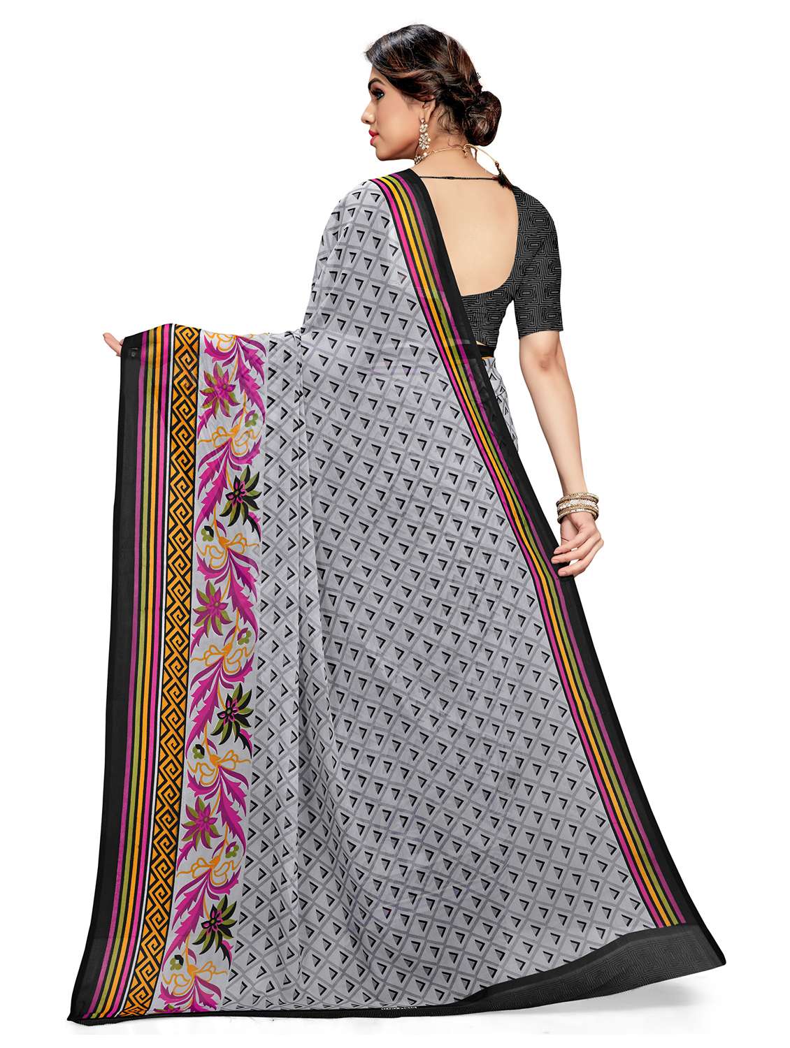 women grey geometric printed saree with blouse - 21317563 - Standard Image - 1