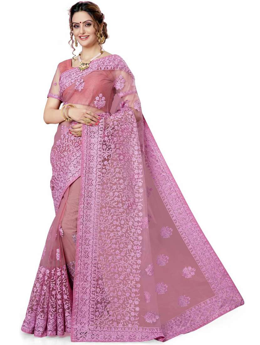 mauve embroidered saree with blouse