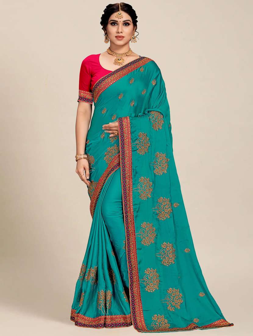 women teal embellished saree with blouse