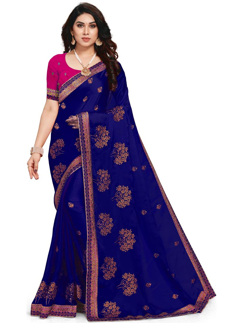 women blue embroidered saree with blouse - 21317703 - Zoom Image - 0
