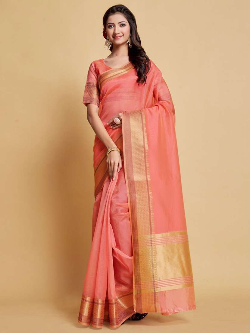 women solid with bordered saree with blouse