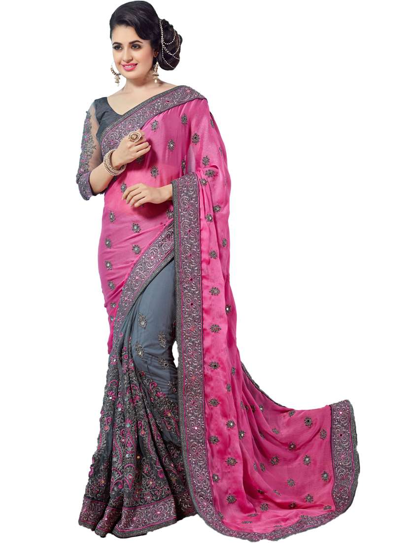 women embroidered half & half saree with blouse