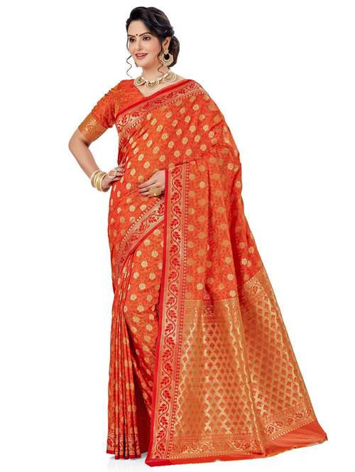 women orange kanjivaram saree with blouse - 21318187 -  Standard Image - 0