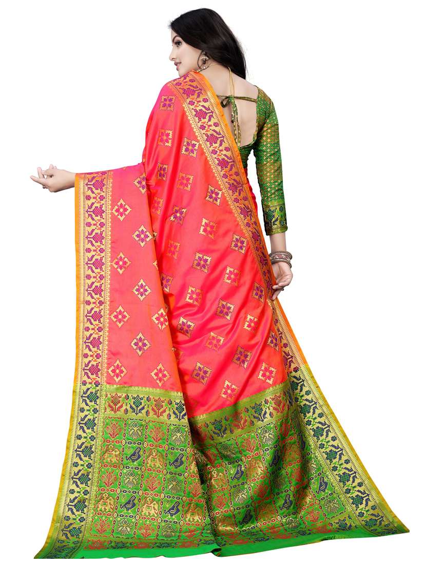 women coral banarasi saree with blouse - 21318455 -  Standard Image - 1