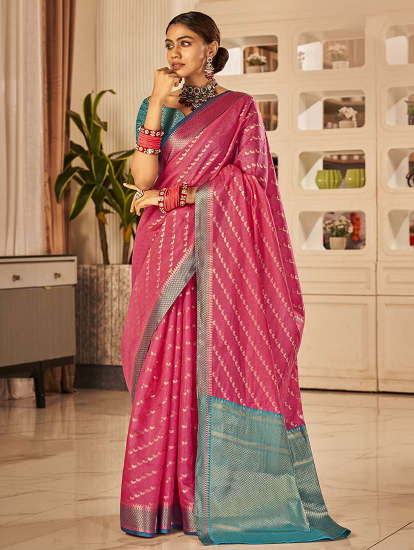 women pink banarasi saree with blouse