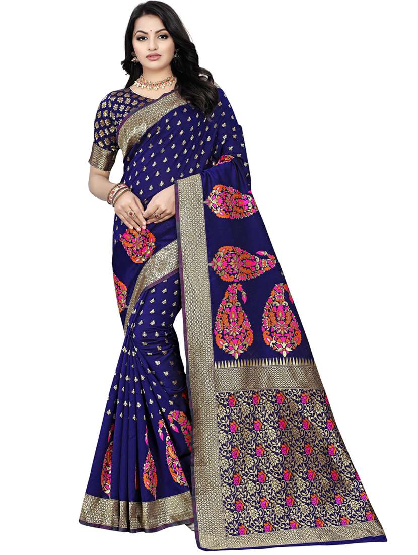 women navy blue banarasi saree with blouse