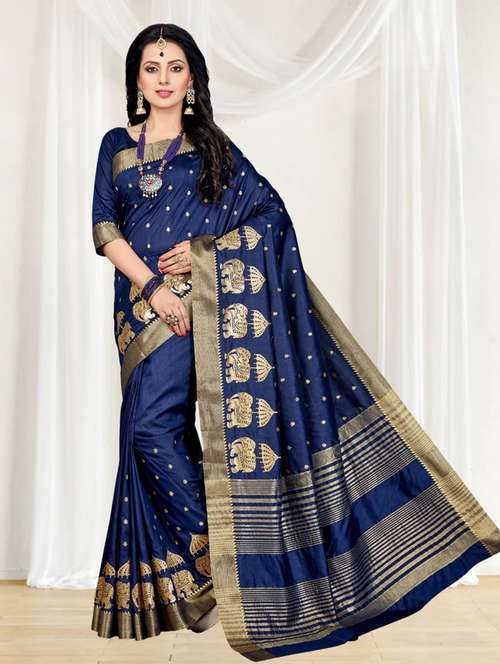 women dark blue banarasi saree with blouse - 21318675 -  Standard Image - 0