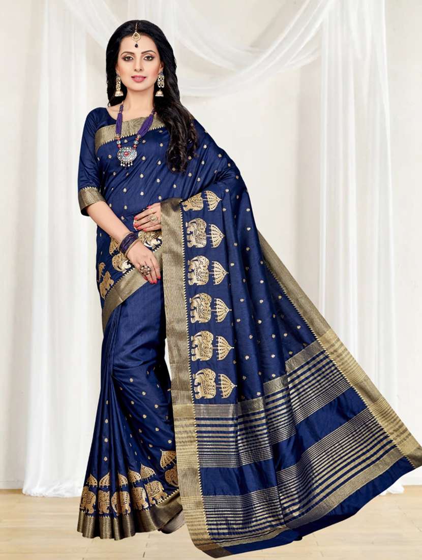women dark blue banarasi saree with blouse - 21318675 -  Zoom Image - 0