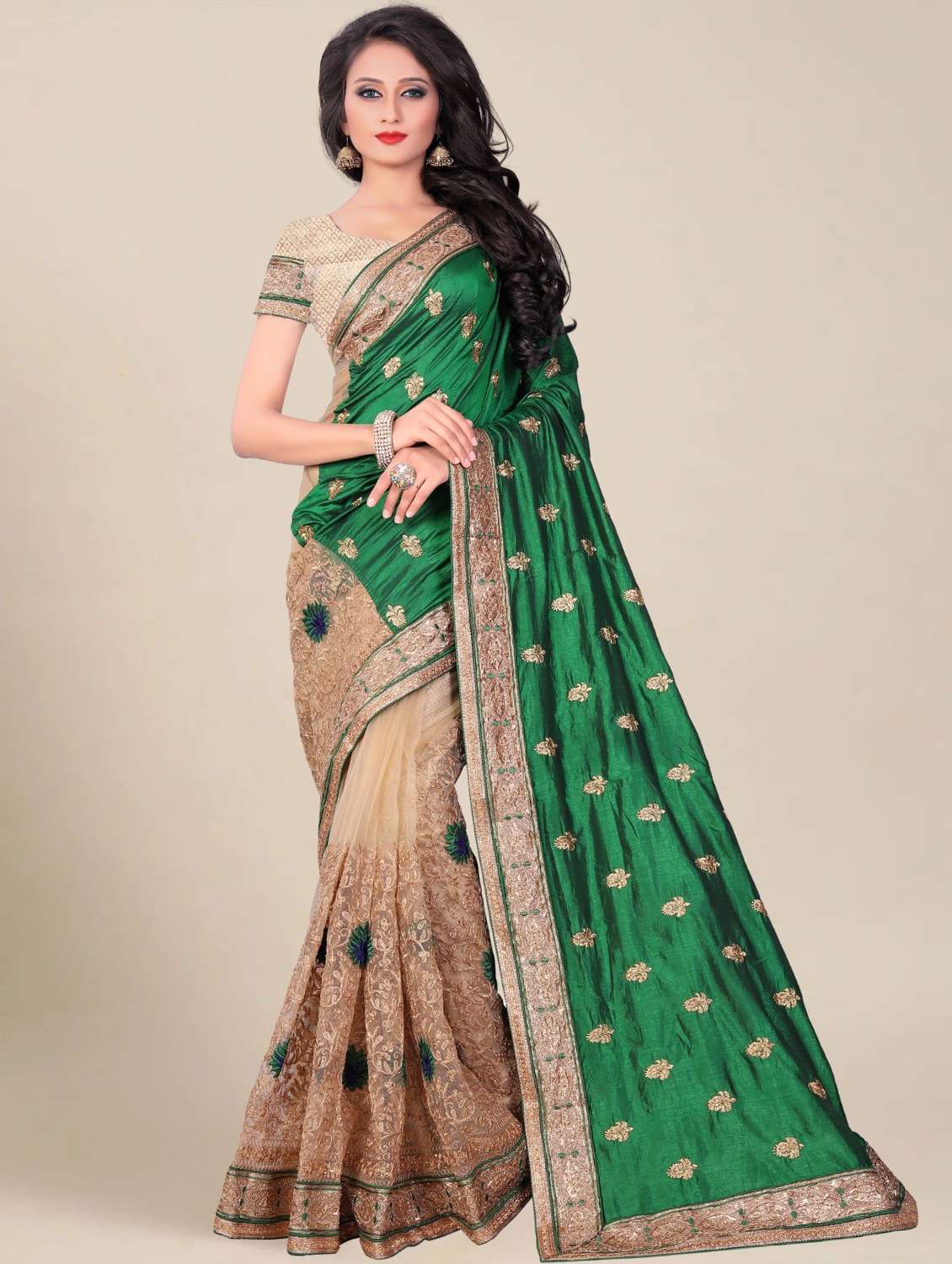 women embroidered half & half saree with blouse