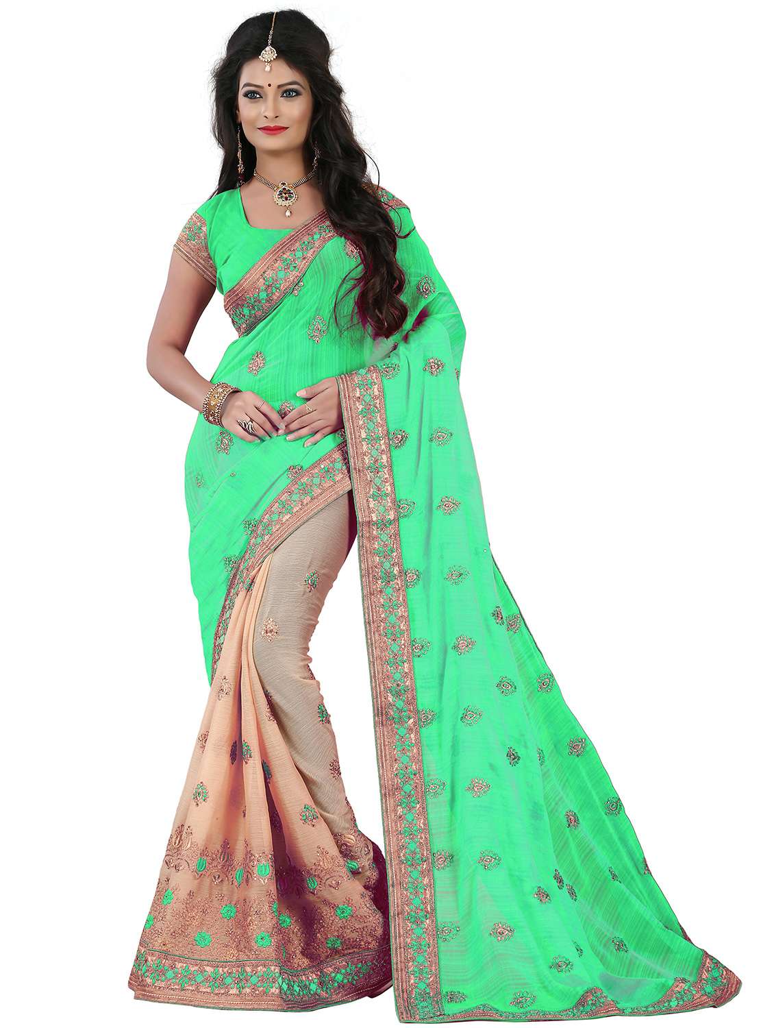 women embroidered half & half saree with blouse