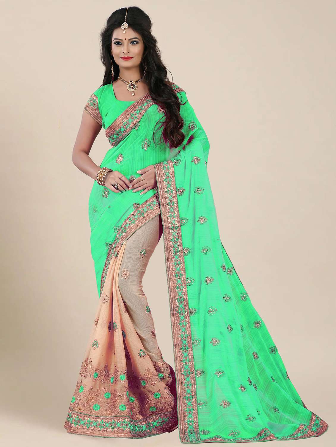 women embroidered half & half saree with blouse