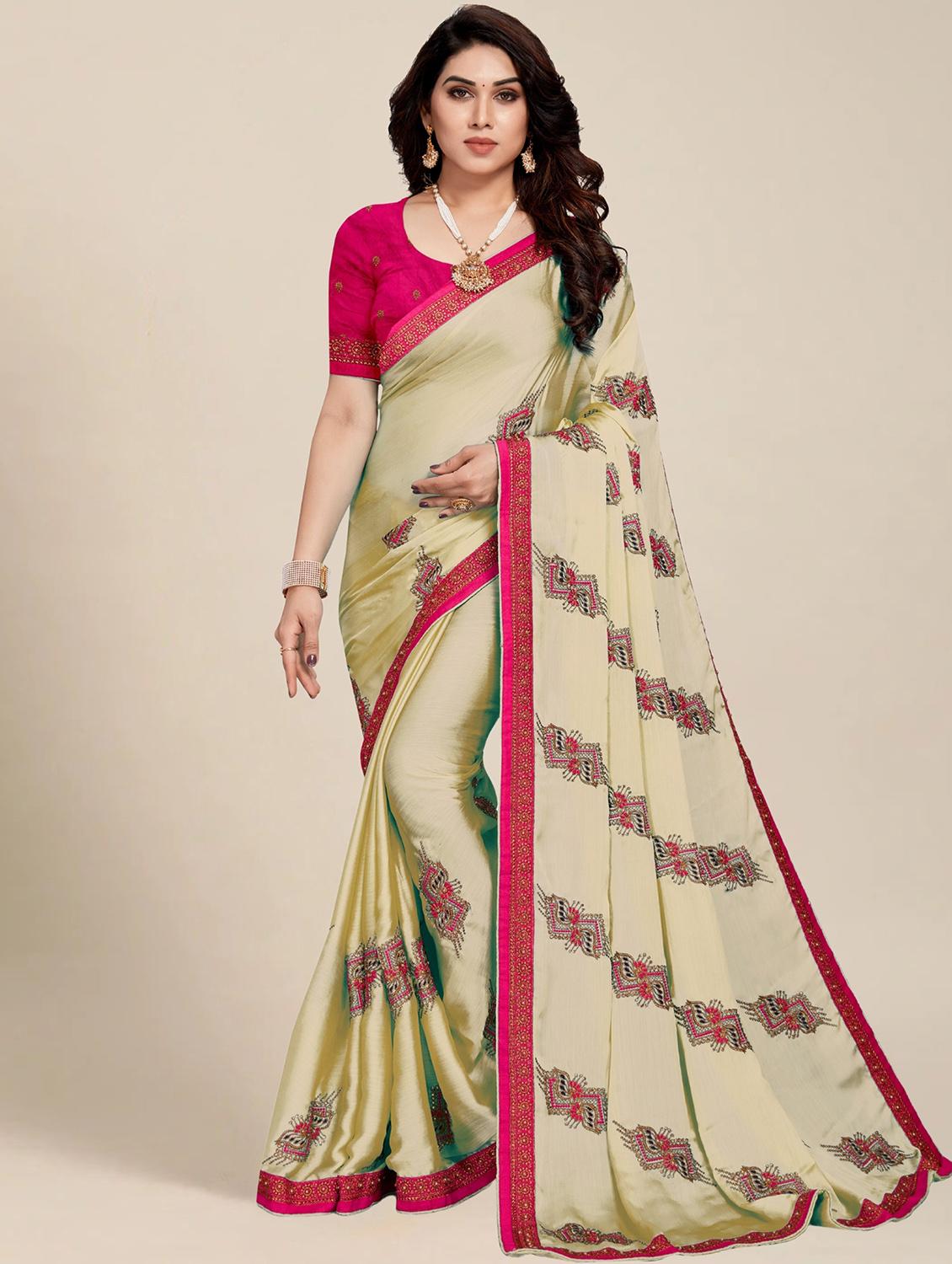 women cream embroidered saree with blouse