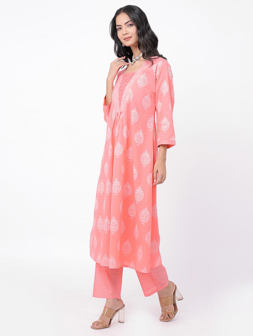 women peach block printed kurta palazzo set - 21320609 - Standard Image - 1