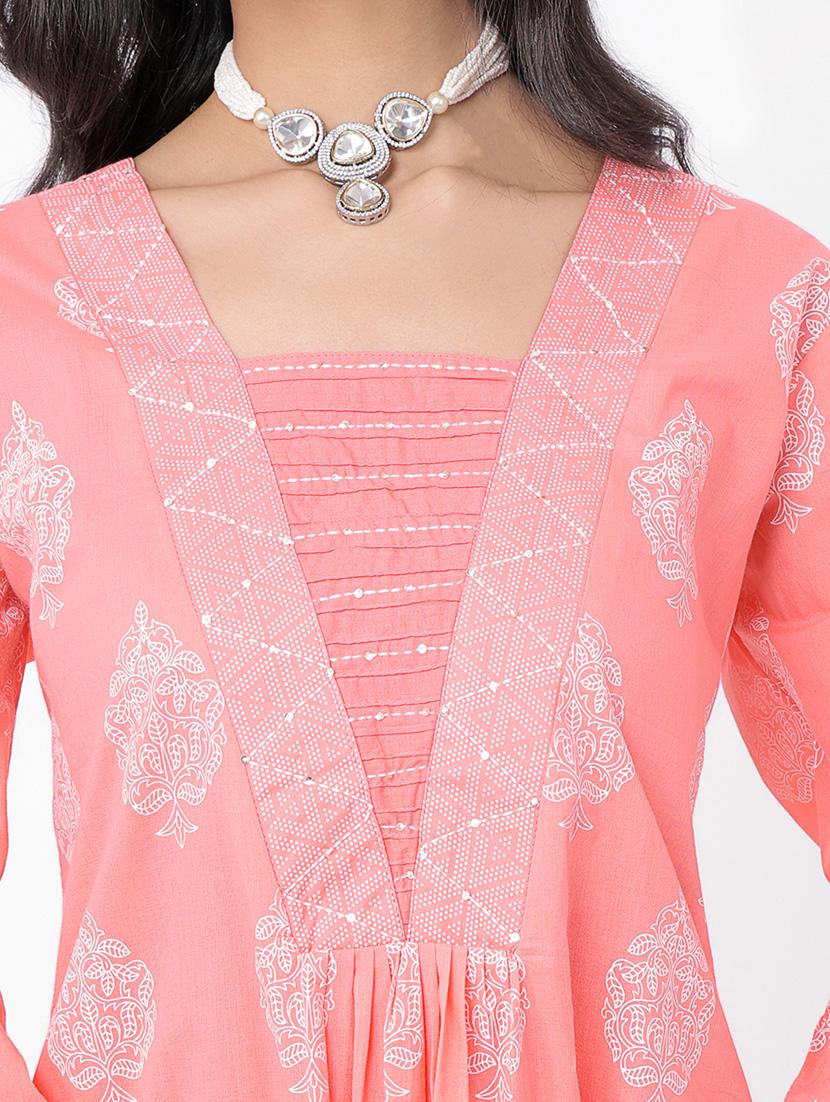 women peach block printed kurta palazzo set - 21320609 - Standard Image - 4