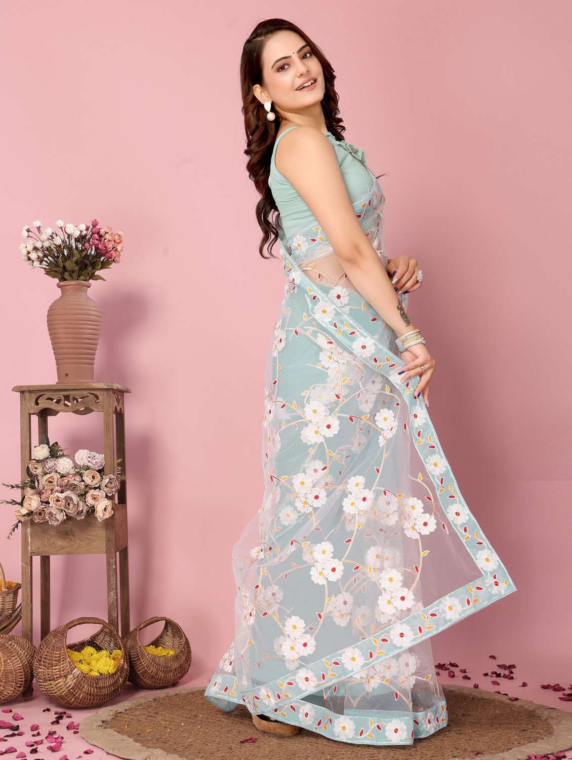 women light blue embroidered saree with blouse - 21320756 -  Standard Image - 1