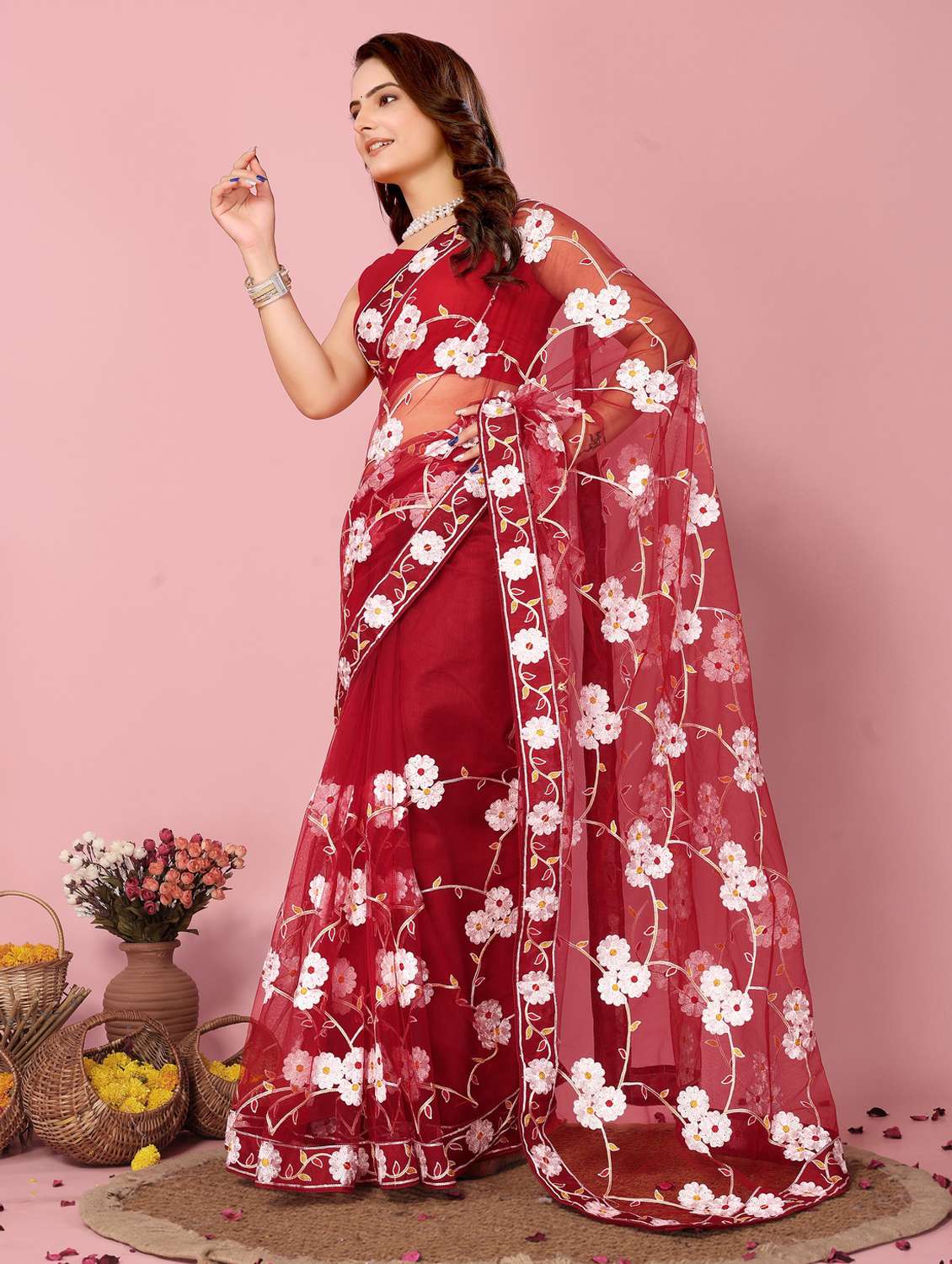 women red embroidered saree with blouse - 21320757 -  Standard Image - 1