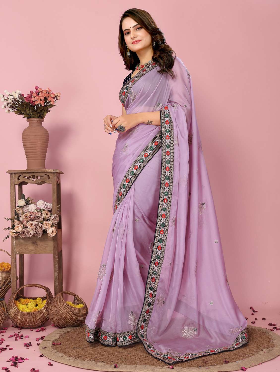 women lavender embroidered saree with blouse - 21320768 -  Standard Image - 1