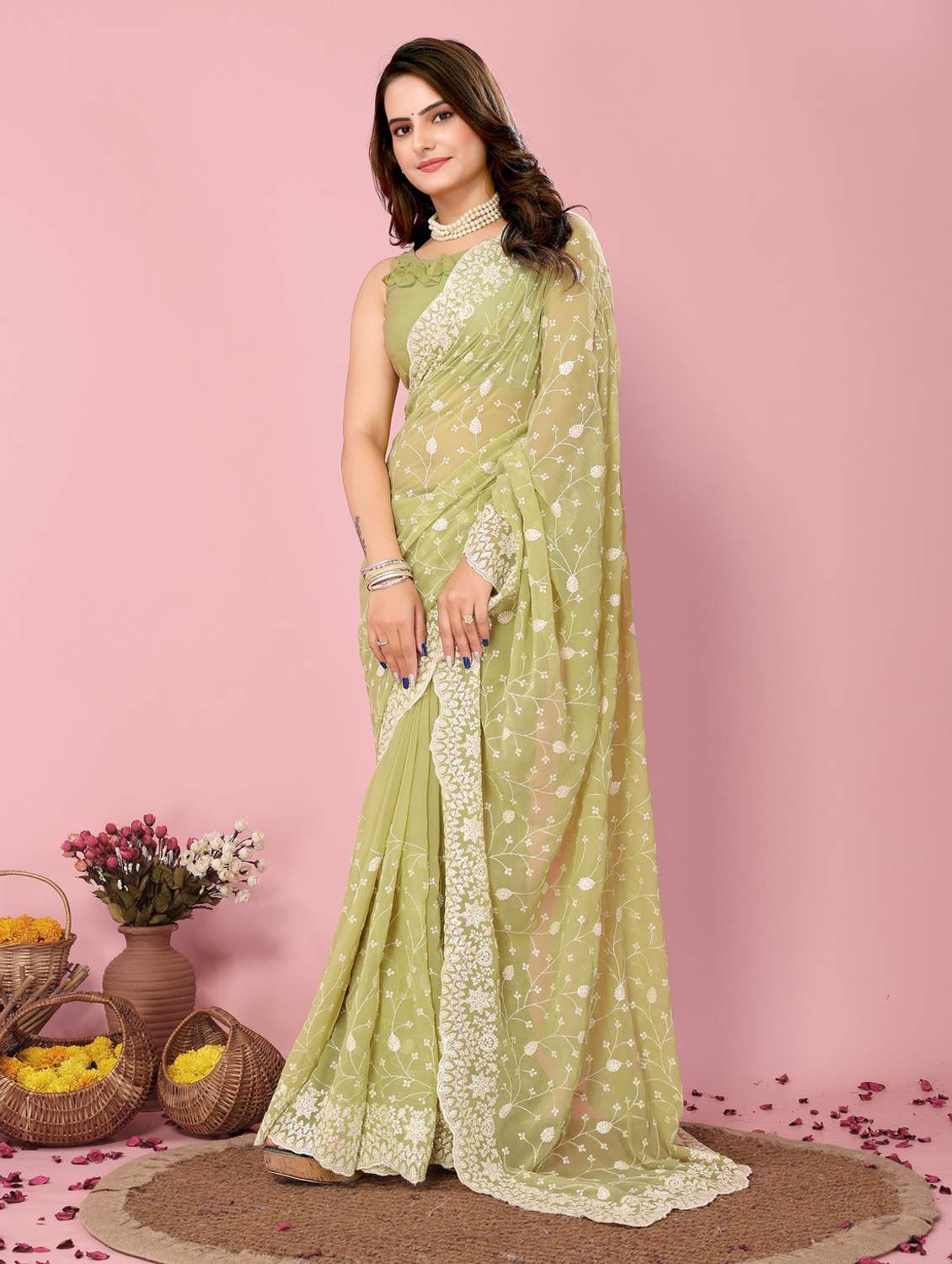 neon georgette embroidered saree with blouse - 21320777 -  Standard Image - 1