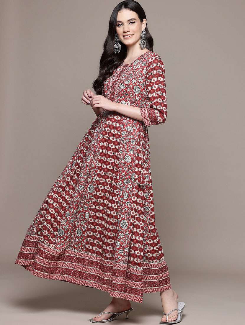 maroon printed flared ethnic dress - 21320778 -  Standard Image - 1