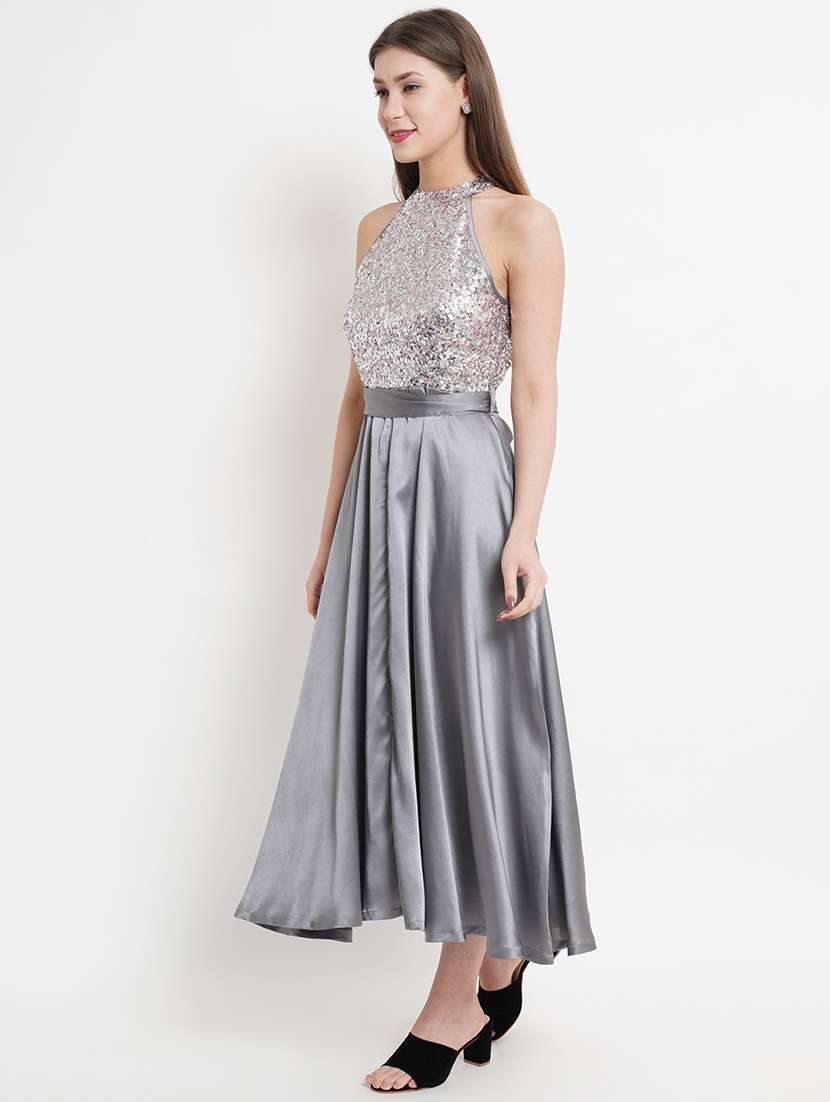 women silver polyester fit & flare dress - 21324469 -  Standard Image - 1