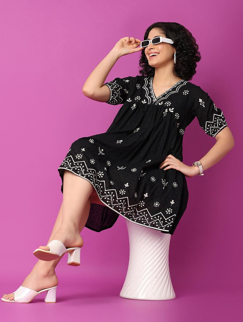 women black embroidered fit & flare dress - 21325028 - Standard Image - 4