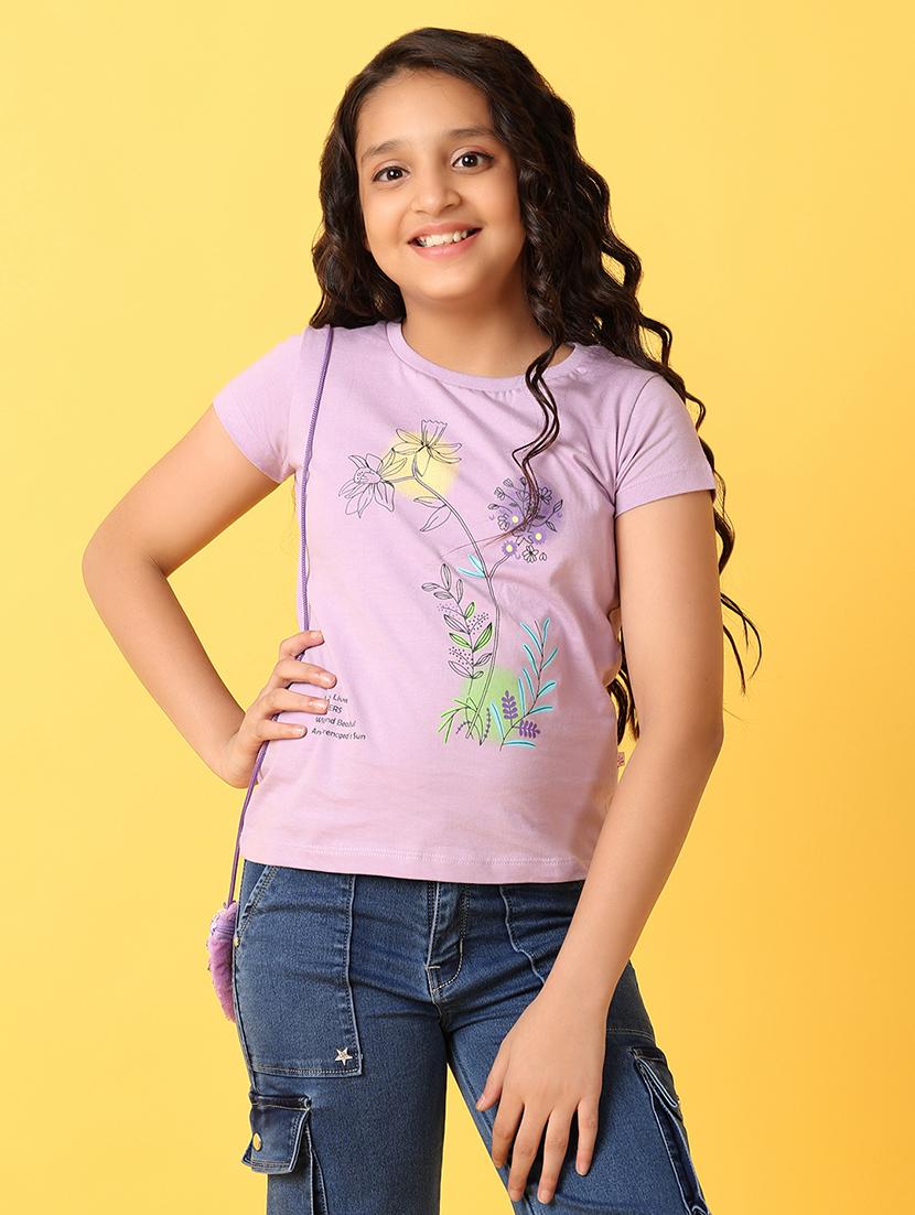girls front printed round neck tee - 21325150 - Standard Image - 1