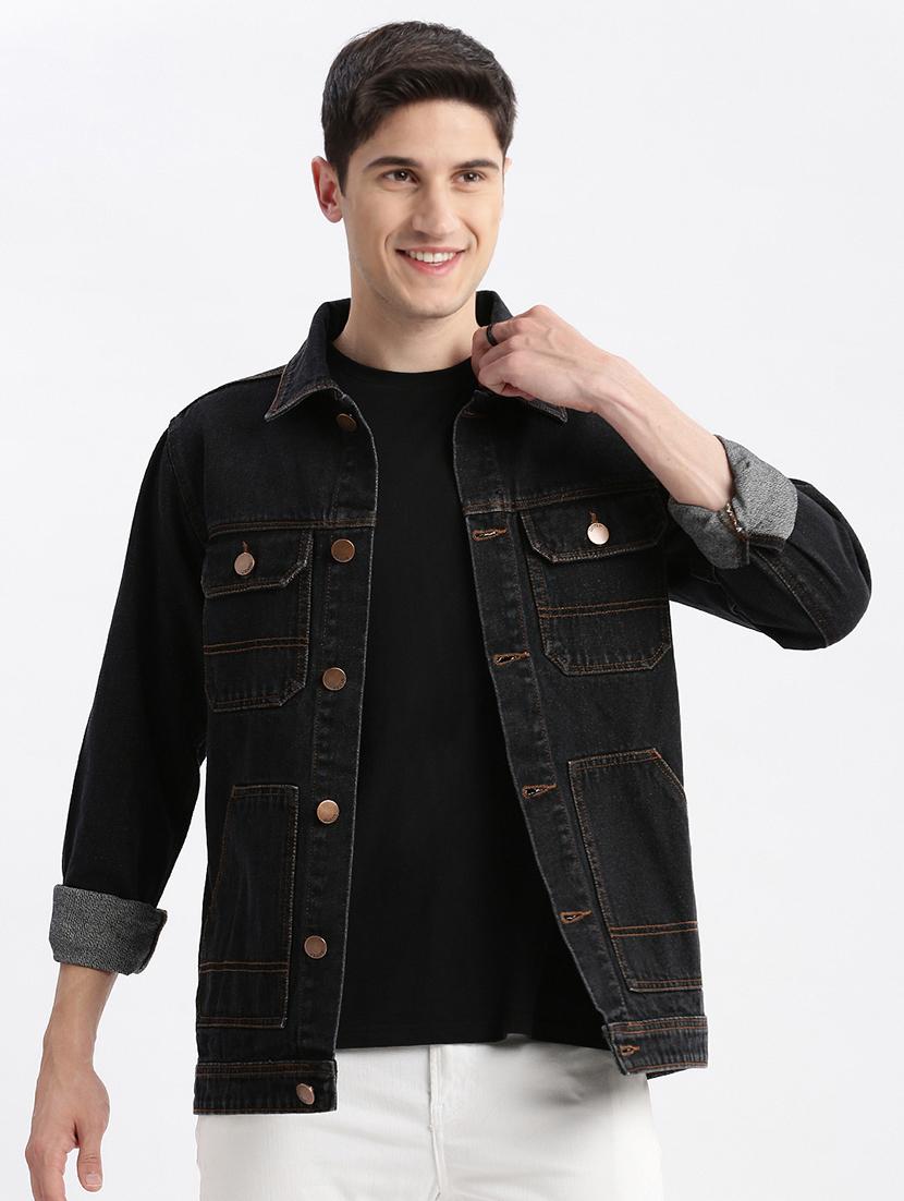 black solid denim jacket - 21325470 - Standard Image - 1