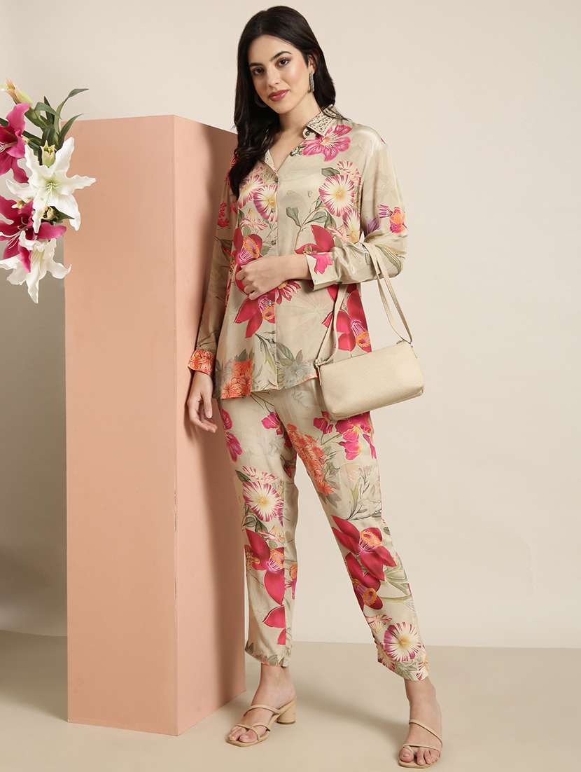 women beige viscose shirt and trouser co-ord set