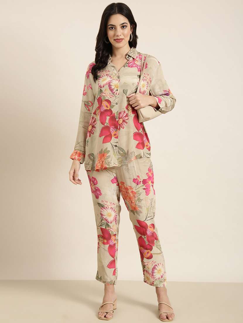 women beige viscose shirt and trouser co-ord set - 21325486 - Standard Image - 4