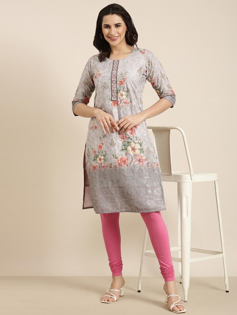 grey floral printed straight kurta