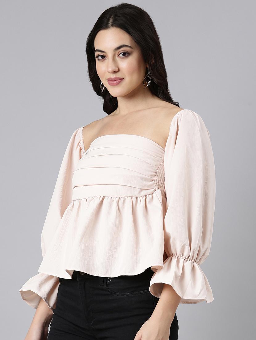 women cream rayon peplum top - 21325599 - Standard Image - 1