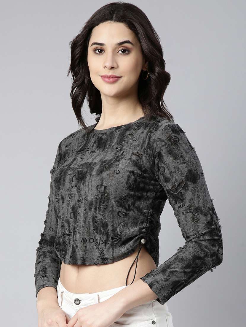 women grey cotton blend regular top - 21325602 - Standard Image - 1
