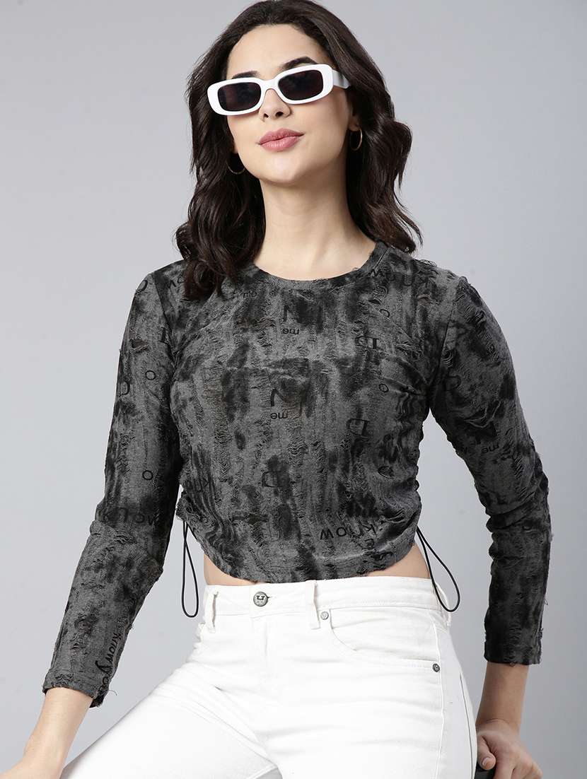 women grey cotton blend regular top - 21325602 - Standard Image - 4