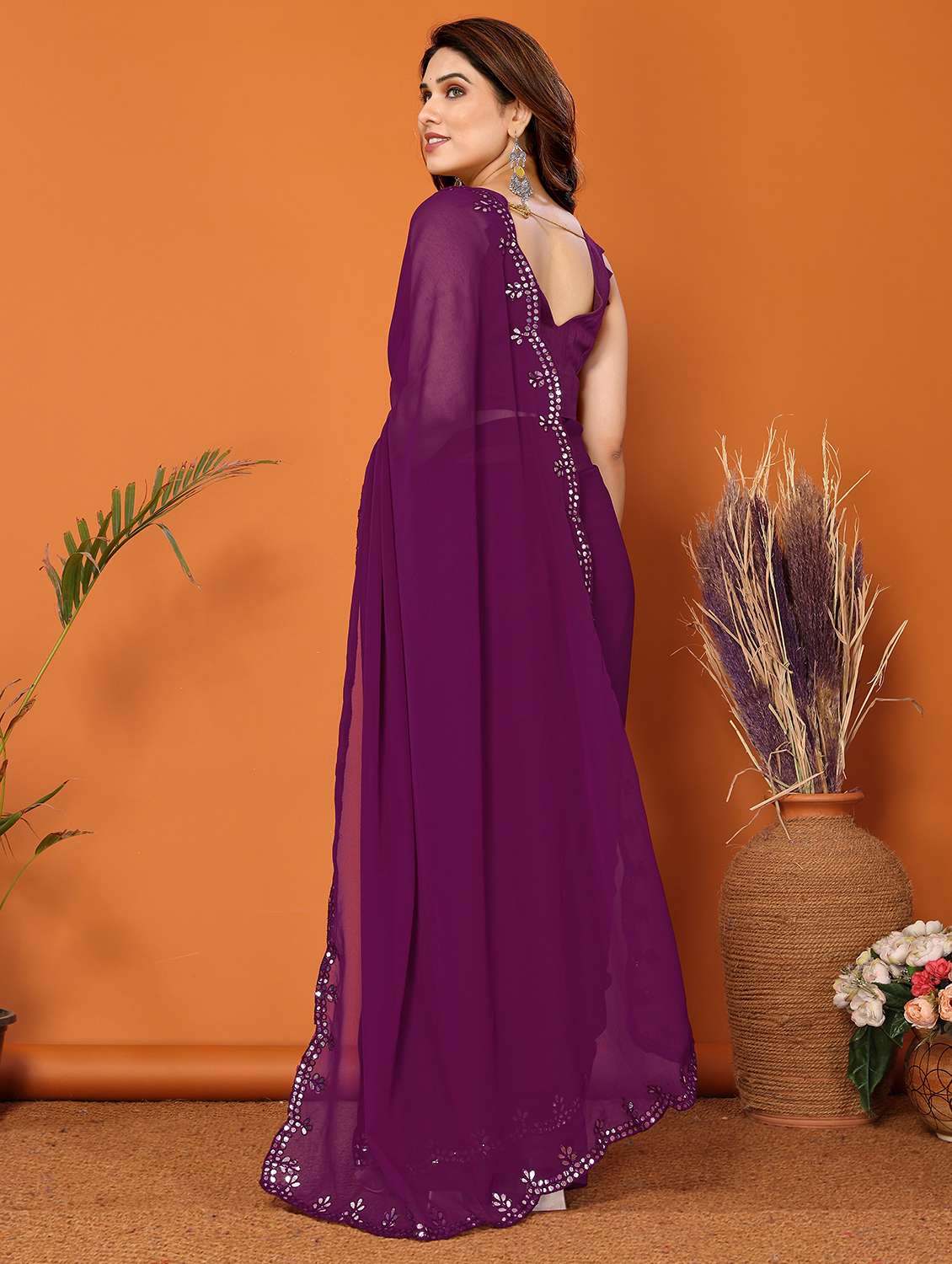 women solid with work saree with blouse - 21326030 -  Standard Image - 1