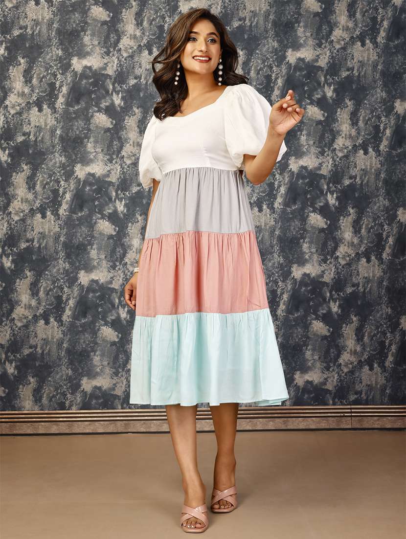 komarri square-neck colour-blocked tiered moss crepe midi dress with bishop sleeves - malti colour