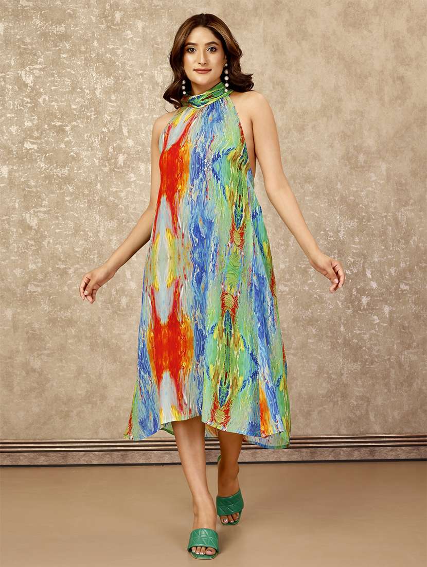 komarri elegant halter neck backless a-line natural crepe dress-malti colour