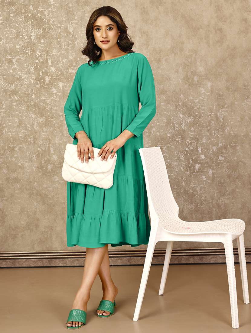 komarri elegant tiered pure viscose moroccan crepe  dress with wooden  beads & embrodiery on neck line -green