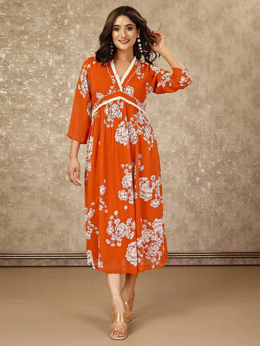 komarri floral print alia cut viscose  georgette  dress with thread tassle lace , hand embroidery on neck & yoke-orange 