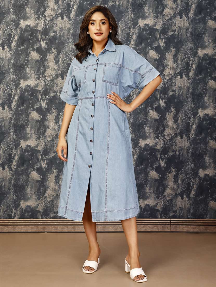 komarri chic tencele denim kimono styled panel dress with pockets with metal buttons-blue