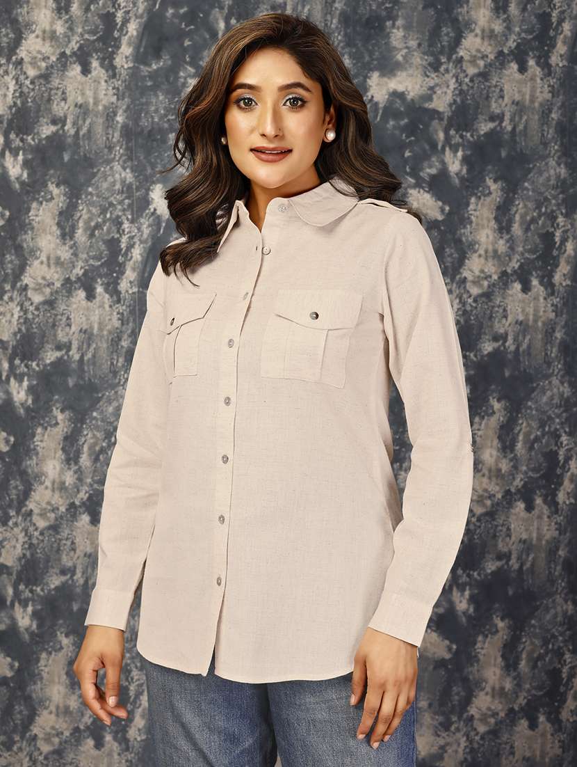 komari casual cotton flex  white shirt with front pockets & cuff sleeves - white