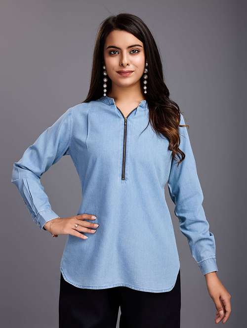 komarri casual tencele denim top with half zipper mandarin collar & roll-up sleeves - blue - 21328850 -  Standard Image - 0