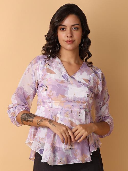 women printed overlap neck asymmetric top - 21331028 - Standard Image - 0