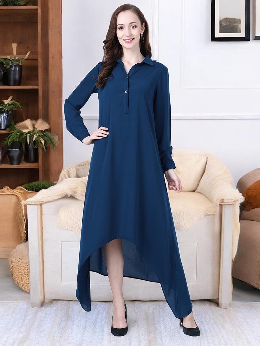 women blue viscose high low dress - 21331358 -  Zoom Image - 0
