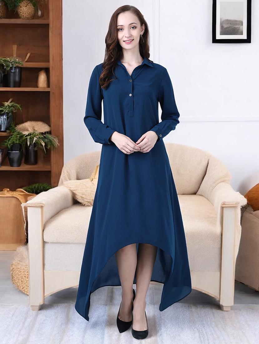 women blue viscose high low dress - 21331358 -  Standard Image - 1