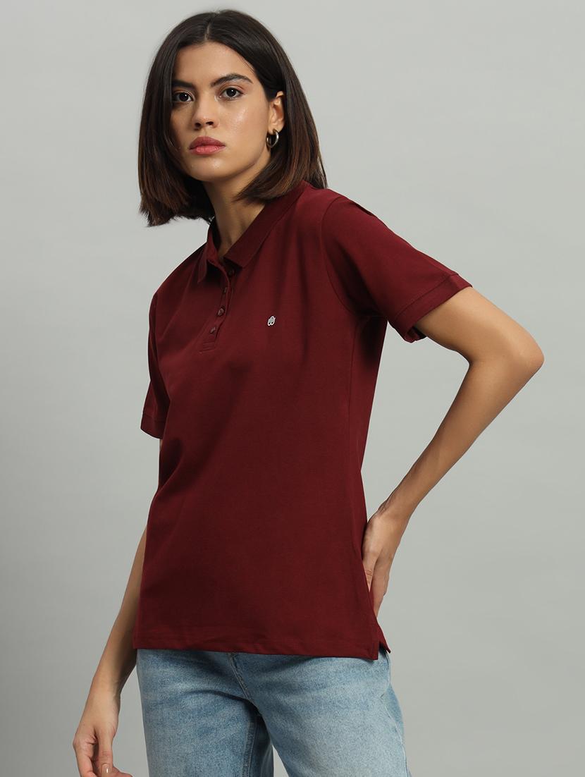 women solid polo neck short sleeves t-shirt - 21331565 -  Standard Image - 1