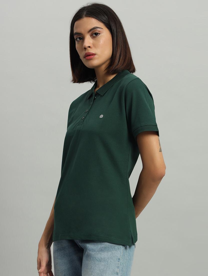 women solid polo neck short sleeves t-shirt - 21331567 -  Standard Image - 1