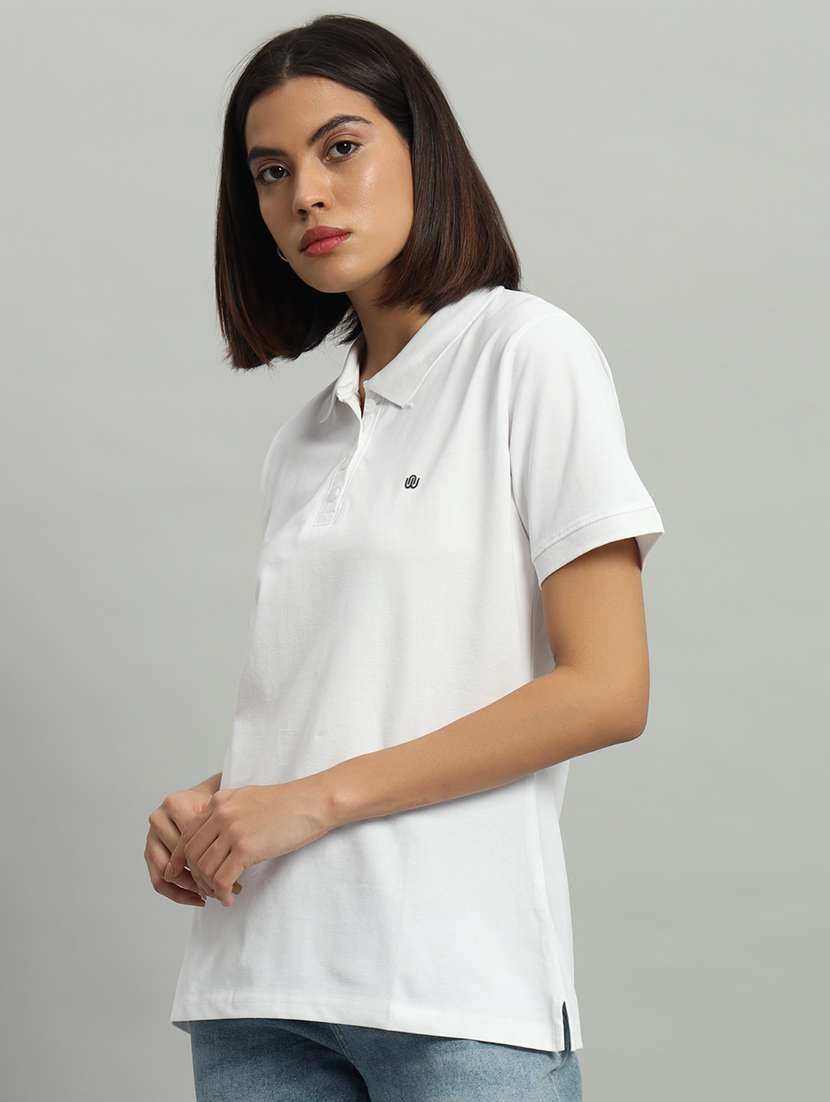 women solid polo neck short sleeves t-shirt - 21331568 -  Standard Image - 1
