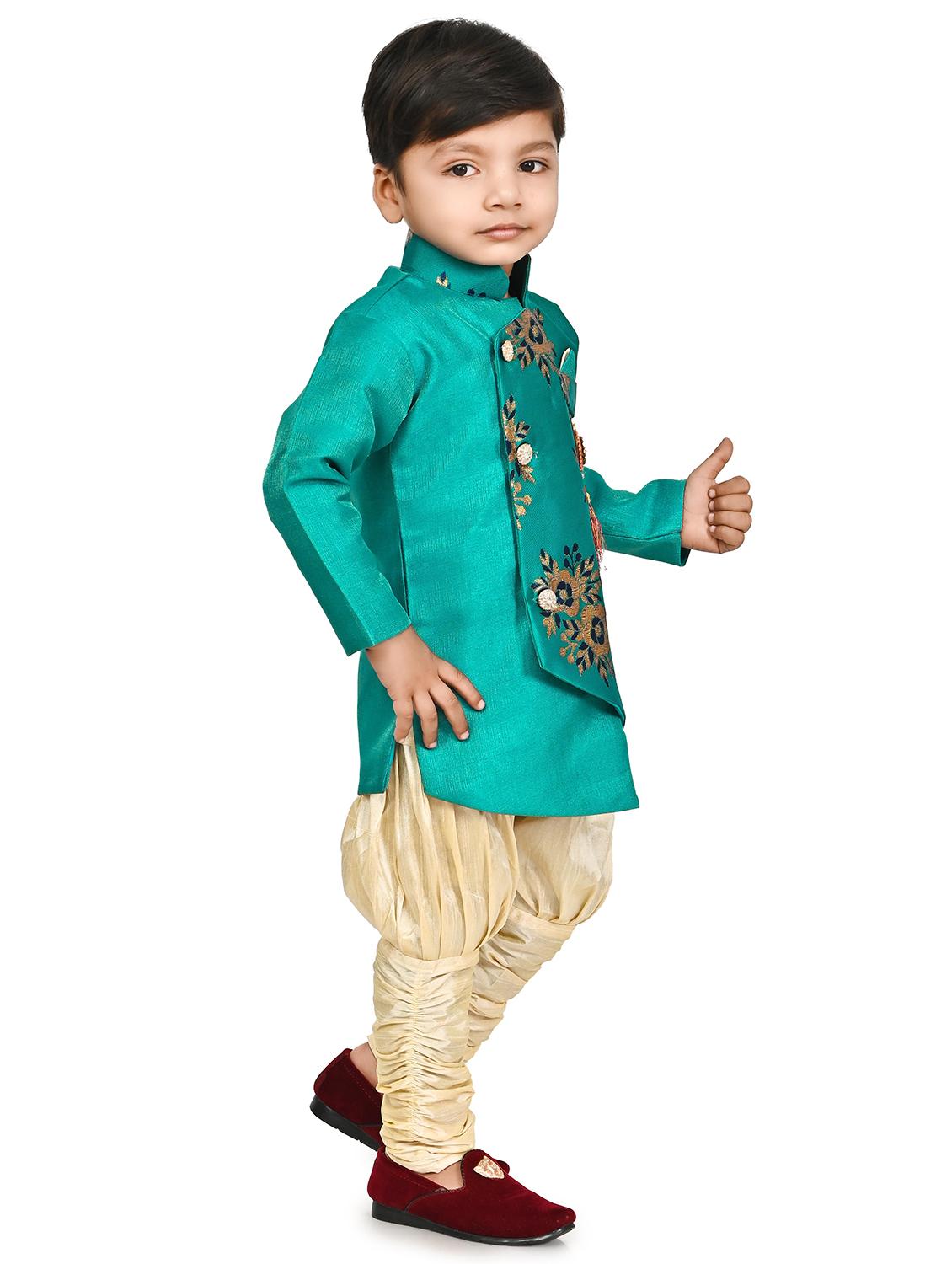kids sea green silk blend sherwani set - 21331576 - Standard Image - 1