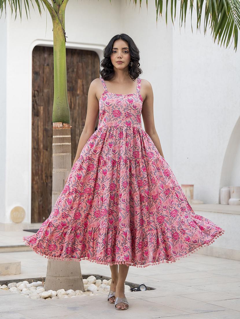 women pink cotton fit & flare ethnic dress