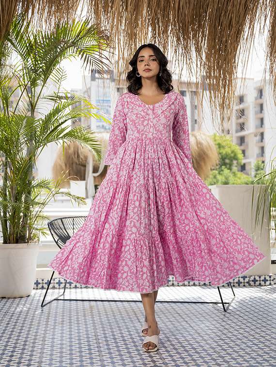 women pink cotton fit & flare ethnic dress